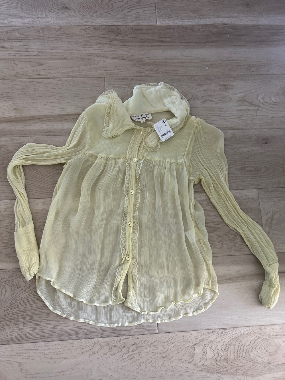 Free People Pale Yellow Sheer Ruffled Button-Up Blouse